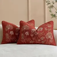 Snq 2-delige Geborduurde Lendenkussenslopen - 30x50 cm - Chenille met Bloemmotief - Terracotta - Voor Bank en Bed