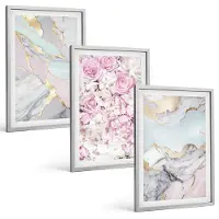 Tulup 4-Delige Schilderij Set - Roze bloemen met marmer- en pastelpatronen - 40 x 60 cm - Moderne Wanddecoratie - Slaapkamer - Stijlvolle Muurdecoratie