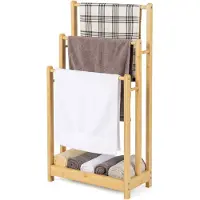 Costway Handdoekenrek vrijstaand, handdoekhouder hout met 3 handdoekstangen & onderste plank & kantelbeveiliging, droogrek bruin voor badkamer, hotels (Natuur)
