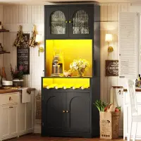 STILVORA Keukenkast - Hoge Buffetkast Met Ledverlichting En Glazen Deuren - Voor Keuken En Eetkamer - MDF En Metaal - 70x38,3x180 Cm - Zwart