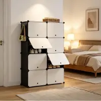 HAUSS SPOLE Schoenenkast - Modulaire Opbergkast Met 8 Vakken En Haken - Voor Hal Badkamer En Kantoor - ABS Metaal PP - 94x36,5x144 Cm - Zwart Wit