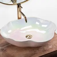REA Opzetwastafel badkamer Akoya Pearl keramische waskom 50 x 38 x 13 cm ovale vrijstaande wastafel zonder kraangat parel glans design badkamer wastafel | Vermissen