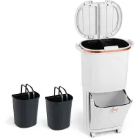 Costway Vuilnisemmer keuken, afvalscheidingssysteem, 3 vakken, 2 x 12 l binnenemmer en 14 l pedaalemmer met wielen, dubbel deksel, pedaal en haken, pedaalemmer afvalverzamelaar voor keuken, badkamer