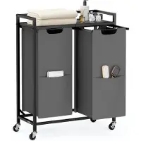 Vasagle - Wasmand - Wassorteerder - 2 Vakken - Verrijdbare - Plank - Uitneembare Tassen - 110 L