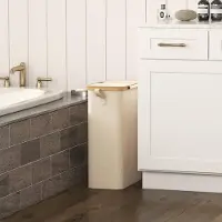 QA Wasmand met Deksel 50 Liter - Smalle Kledingmand met Uitneembare Waszak - Bamboe Frame - Opvouwbare Wasmand met Handgrepen - Beig