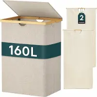 Omnia Wasmand met Deksel 160 Liter – Dubbele Wasmand met 2 Vakken – Uitneembare Waszakken – Opvouwbare Wassorteerder met Bamboe Handgrepen – Beige