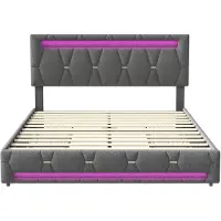 Happiq Gestoffeerd Bed 160 X 200 Cm Grijs - met LED Lichtstrip, Opberglades, Lades - voor Slaapkamer