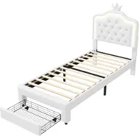 Happiq Gestoffeerd Eenpersoonsbed - Wit, Stof en Hout Metaal 90 x 200 Cm - Bed met Opbergruimte en Lattenbodem, Compleet Bedframe