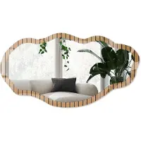 Wallfluent Houten Planken Spiegel - Bruin Rechthoekige Spiegel Voor Interieur - Organische Spiegel - Woonkamer, Kantoor, Slaapkamer - Minimalistisch - 45x90 cm - Totale afmeting 52x97 cm