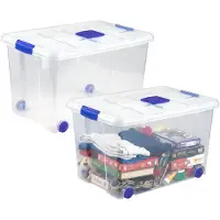 PlasticForte Opslagbox - 2x stuks - met deksel - 55L - 59 x 40 x 35 cm - transparant - opbergbak - met wielen