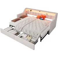 Merax Slaapbank 90x200 cm - Uitschuifbaar Tot 180x200 cm - Beige Linnen - USB-C Aansluiting - Ledverlichting - 2 Laden - Opbergtassen