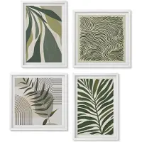 Wallfluent 4-Delige Schilderij Set - Bladpatronen En Golvende Lijnen In Pastelillustraties - 40 x 40 En 40 x 60 - Muurdecoratie - Wanddecoratie - Slaapkamer - Woonkamer Decoratie