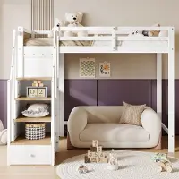MODFU Kinderstapelbed 90x200 cm – Met bureau & 3-laden – 4-traps hoekkast – Open opbergrek – Veiligheidsreling – Wit/naturel