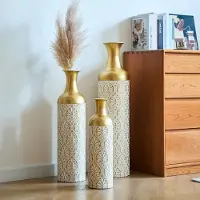 OKWISH Vloervaas – 3-Delige Set 50/66/83 cm – Metaal – Goud En Wit – Voor Droogbloemen En Kamerplanten – Voor Binnen En Beschut Buiten