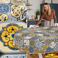 ANRO Tafelkleed Porto tegels Blauw Ovaal 300x140cm Met sierband Afwasbaar Waterafstotend