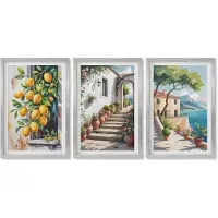 Wallfluent 4-Delige Schilderij Set - Citroenen tegen een achtergrond van bloemen en uitzicht op zee. - 40 x 60 cm - Stijlvolle Muurdecoratie - Kantoor - Woonkamer Decoratie