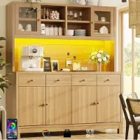 OKWISH Keukenkast - Hoge Buffetkast Met App-Gestuurde RGB-LED - 140 x 38,5 x 180 cm - 4 Lades En Glazen Deuren - Verstelbare Planken - MDF Houtkleur