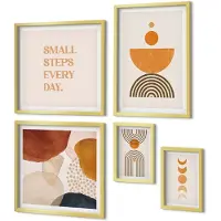 Coloray 5-Delige Schilderij Set - Stijlvolle Aardetinten Met Abstracte Vormen. - 50 x 50 cm, 20 x 30 cm En 40 x 60 cm - Stijlvolle Muurdecoratie - Slaapkamer - Interieur Decoratie