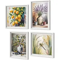 Coloray 4-Delige Schilderij Set - Bloemen En Olijven In Vazen ​​Citroenen Natuur - 40 x 40 En 40 x 60 - Wanddecoratie - Woonkamer Decoratie