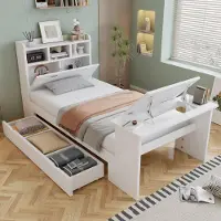 Flieks kinderbed 90x200 cm met verstelbaar uitschuifbaar tafeltje, kinderbed eenpersoonsbed met lade, klassiek bed met houten frame en hoofdeinde met plank, wit