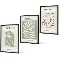 Coloray 3-Delige Schilderij Set - Stijlvolle Schilderijen In Groene Tinten Met Figuren En Bladeren. - 40 x 60 cm - Decoratieve Schilderijen - Woonkamer - Interieur - Woonkamer Decoratie