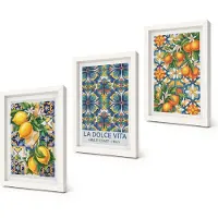 Coloray 3-Delige Schilderij Set - Citroen- en sinaasappelbloemen in kleurrijke patronen - 20x30 - Wanddecoratie - Muurdecoratie - Woonkamer - Moderne Wanddecoratie