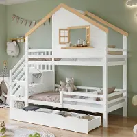 HAUSS SPOLE Stapelbed 90x200 cm - Met Opbergtrap, Raam en Laden - Zonder Matras - Kinderkamer Huisbed - Hout - Wit Naturel