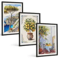 Tulup 4-Delige Schilderij Set - Zeezicht met citroenboom en tuintafel - 40 x 60 cm - Muurdecoratie - Decoratieve Schilderijen - Wohnzimmer - Wanddecoratie