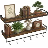 Songmics Set van 2 wandplanken - Wandpaneel met stang - Zwevende plank voor opbergruimte - 15,5 x 60 x 5 cm - Bruin