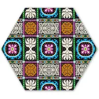 MuchoWow Hexagon wanddecoratie - Kunststof Wanddecoratie - Hexagon Schilderij - Patronen - Ornament - Abstract - Blauw - Roze - 120x103 cm