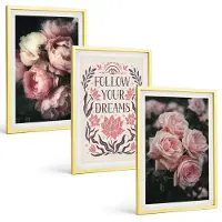 Tulup 4-Delige Schilderij Set - Vintage rozen met de inscriptie 'Over dromen'. - 40 x 60 cm - Wanddecoratie - Moderne Interieurdecoratie - Interieur Decoratie