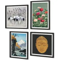 Coloray 4-Delige Schilderij Set - Japanse Natuur En Cultuur In Japandi-Stijl - 40 x 40 cm En 40 x 60 cm - Muurdecoratie - Wanddecoratie - Slaapkamer - Decoratieve Schilderijen