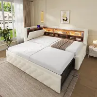HAUSS SPOLE Slaapbank 90x190 Cm Zonder Matras - Uittrekbaar Met Opbergruimte En Led Verlichting - Voor Woonkamer En Logeerkamer - Fluweel - Beige