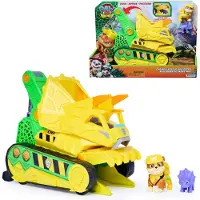 Paw Patrol - De Dino Film - Chomp & Rescue Bulldozer met Rubble-figuur en dinosaurusfiguur, voertuig met happende actie en reddingsklauw