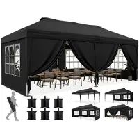 Quictent Opklapbare paviljoen, 3x6 meter, met 6 zijwanden, zwart, UV-bescherming 50+, stalen frame