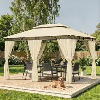 Hawthyhome Tuinpaviljoen 3x4 meter, waterdicht, stabiel, dubbel dak met zijwanden, UV-bescherming 50+, beige kleur