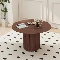 Sonstiges Eettafel van rundsleder, Wabi-Sabi stijl, donkerbruin met houtnerf, cilindrische basis, 120x120x76 cm