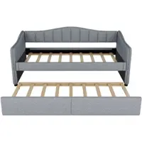 STILVORA Slaapbank 90x200 cm – Eenpersoonsbed met uittrekbaar bed – LED-licht app-bediening – Voor kleine kamers – Linnen;MDF – Grijs – Zonder matras
