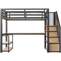 STILVORA Metalen hoogslaper 90x200 cm met LED-lichtbalk en stopcontact, hoogslaper met klimrek, planken en bureau, ijzeren bed met veiligheidshek, zwart