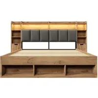 STILVORA tweepersoonsbed 160x200 cm met LED-bekleding aan het hoofdeinde, bekleed bed met nachtkastjes en USB/Type-C-aansluitingen, bed met opbergruimte en lades en een houten lattenbodem
