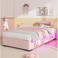 STILVORA Kinderbed 90x200 cm – Zacht Gestoffeerd Bed Met LED-Zijrek – Opene Opbergruimte – Lage Jeugdbedstijl – Stof – Roze – Zonder Matras
