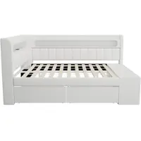 MODFU Bedbank 90x200 cm – Wit Gestoffeerd – Met LED (7 kleuren), USB, 2 Laden & Schoenenkast – Max. 150 kg – 12 Latten – Bank, Bed en Opbergruimte in één – Perfect voor Logeerkamer