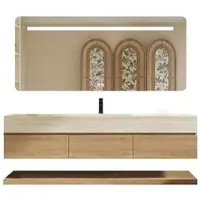 360Home Wandgemonteerde wastafelset - Sintersteen - Travertinlook, met spiegel, onderkast, opbergruimte en afvoer, met aansluiting voor kraan, afmetingen 130x55 cm 【RW9865-130 K】