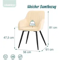 Relaxdays Eetkamerstoel, set van 2, fluweel, metalen poten, armleuningen, geschikt voor eetkamer en keuken, beklede keukelstoel, beige