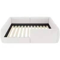 MODFU Gestoffeerd Platformbed 90x200 cm – Met veiligheidsrail & rugleuning – MDF en stof – Beige