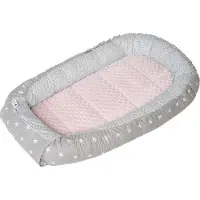 Famanu Babybedkussen, babybedbumper, 100% katoen, reisbed voor baby's, 100 x 60 x 15 cm. Afneembare vulling (grijze sterren met lichtroze vacht)