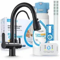 ARI 3-wegs keukenkraan, Nordic design, mat zwart, uittrekbare kraan. Inclusief Dafi D1 waterfiltersysteem, onderbouwmodel