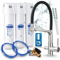 ARI 3-wegs keukenkraan, flexibel, roestvrij staal, uittrekbare spoelkraan. Inclusief Aquaphor waterfiltersysteem, 360° draaibaar