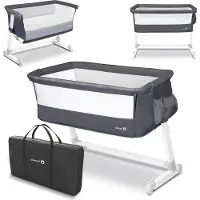 Markenlos kinderbed, 94 x 58-70 x 67-82 cm, geschikt voor kinderen tot 9 kg - Hoogte verstelbaar - Verrijdbare wielen - Organizer - Muggennet - Transporttas