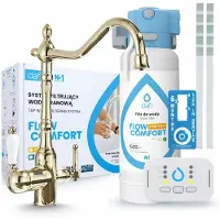 ARI Dafi Flow Comfort waterfilter met Retro 2 driewegkeukenmengkraan, goudkleurig. Onderbouwfilter voor waterontharding, 4,3 liter per minuut
